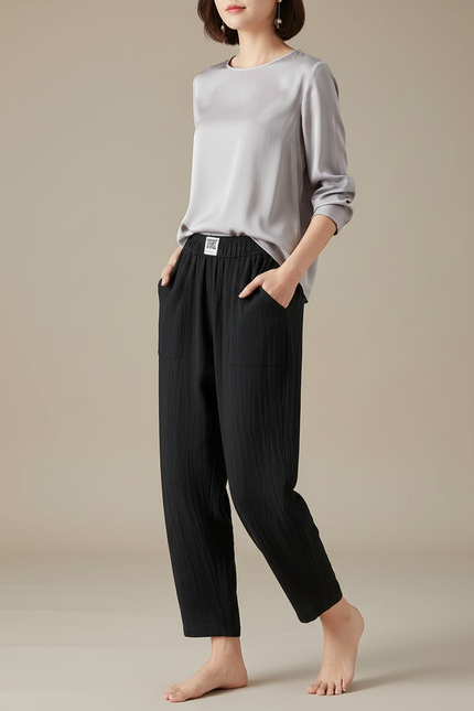 Pantalon Chinois Noir Ample Texturé Coton Décontracté