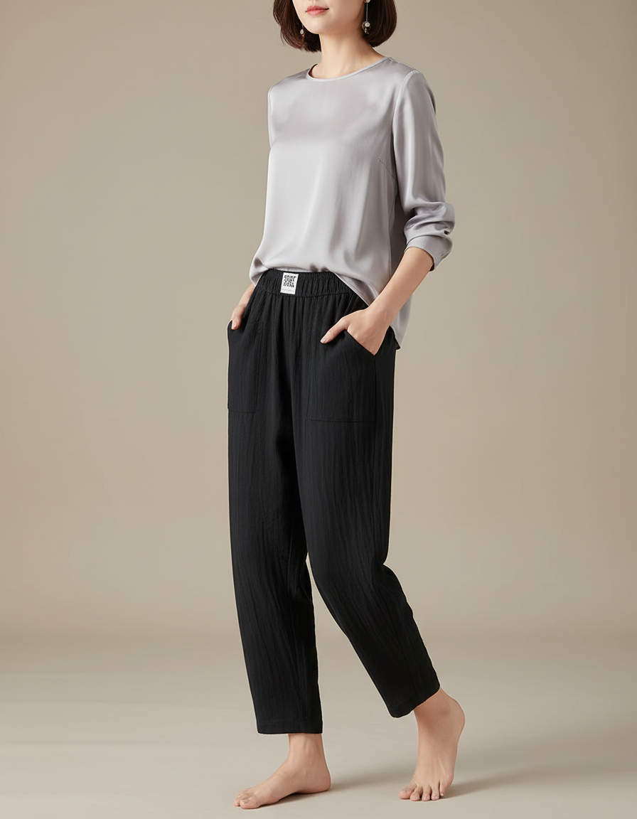 Pantalon Chinois Noir Ample Texturé Coton Décontracté