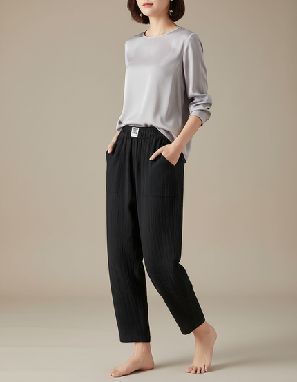 Pantalon Chinois Noir Ample Texturé Coton Décontracté
