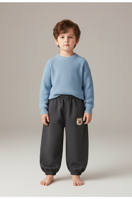 Pantalon Chinois Gris Ample Ourlets Élastiques Ours Enfant - Molleton