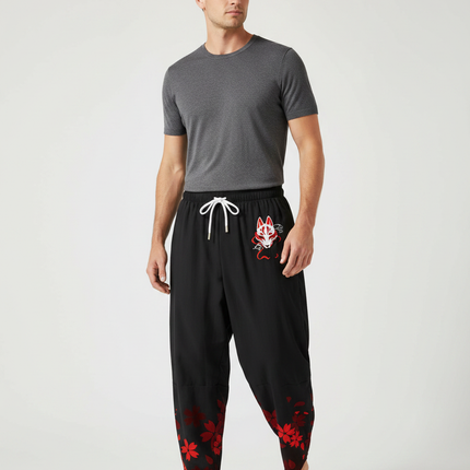 Pantalon Chinois Noir Masque Renard Fleurs Rouges Ample - Coton
