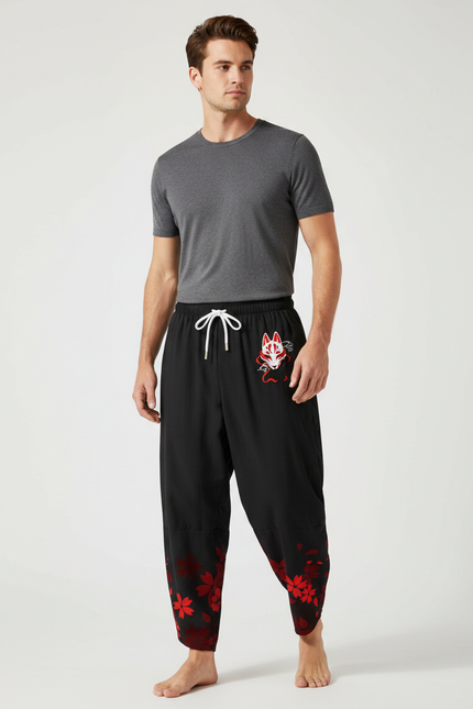 Pantalon Chinois Noir Masque Renard Fleurs Rouges Ample - Coton