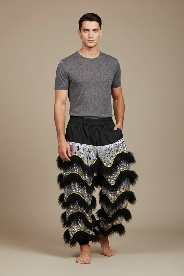 Pantalon Chinois Lion Danse Scintillant Noir Argenté Homme - Multicolore Polyester