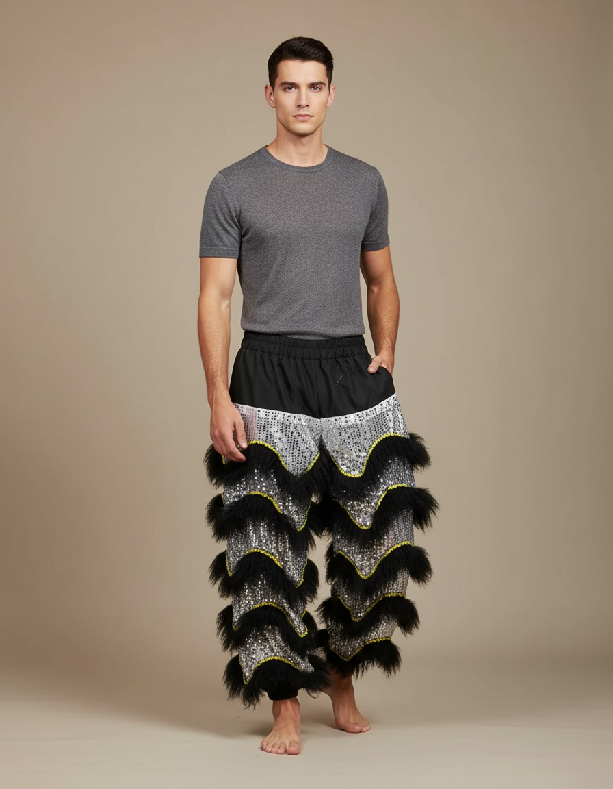 Pantalon Chinois Lion Danse Scintillant Noir Argenté Homme - Multicolore Polyester
