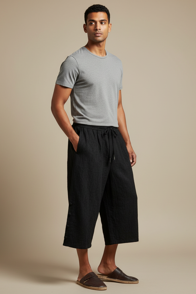 Pantalon Chinois Noir Ample Texturé Décontracté Coton Lin