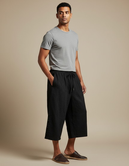 Pantalon Chinois Noir Ample Texturé Décontracté Coton Lin