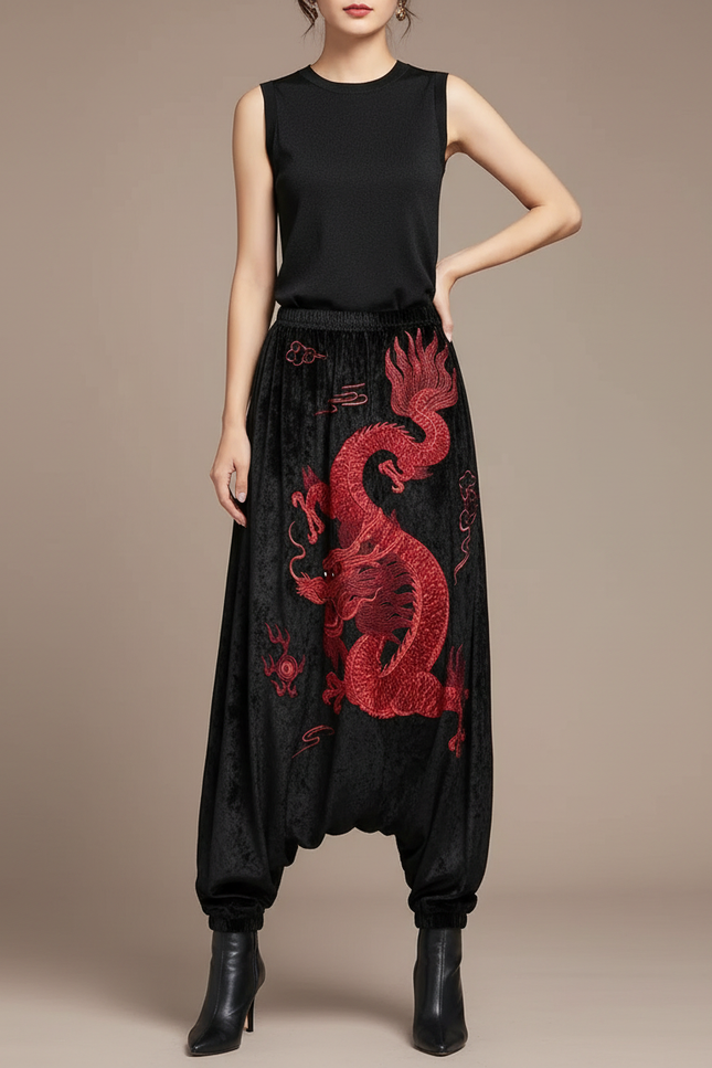 Pantalon Chinois Noir Brodé Dragon Velours Harem Femme