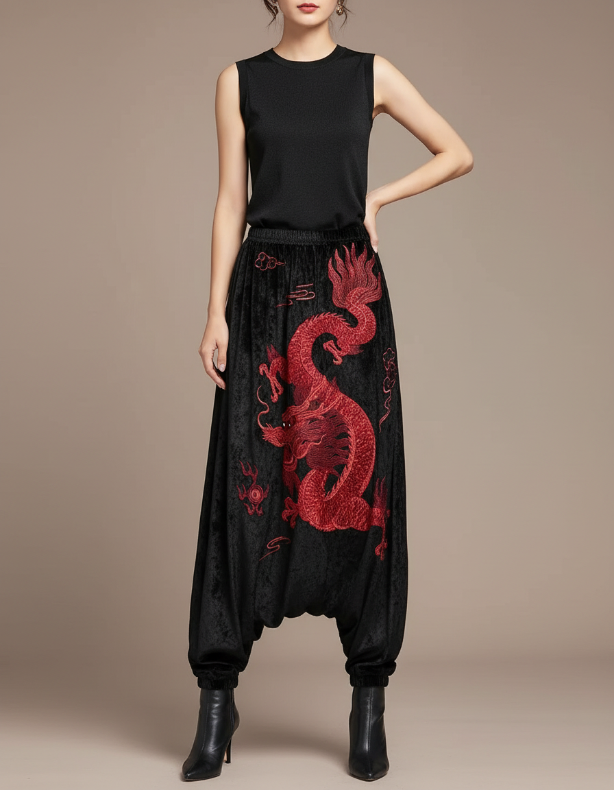 Pantalon Chinois Noir Brodé Dragon Velours Harem Femme