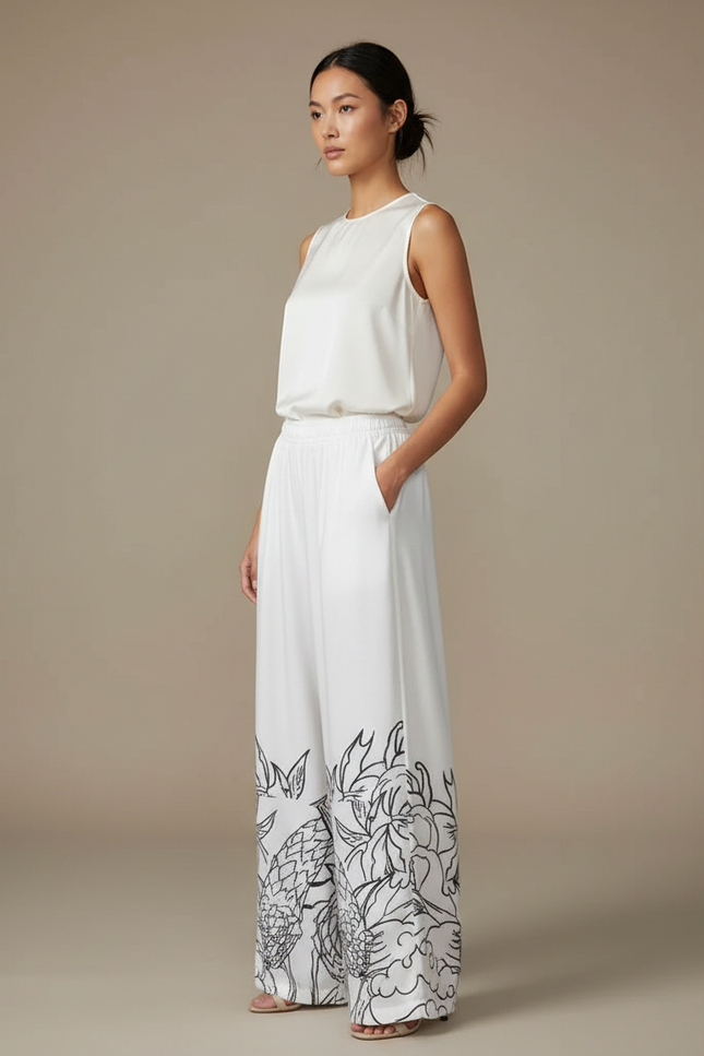 Pantalon Chinois Blanc Fluide Ample Imprimé Dragon - Satin