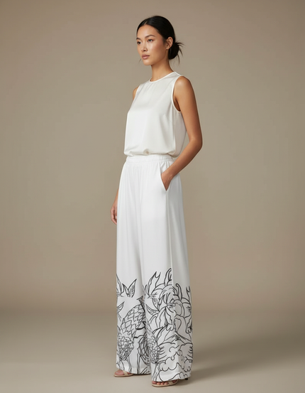 Pantalon Chinois Blanc Fluide Ample Imprimé Dragon - Satin