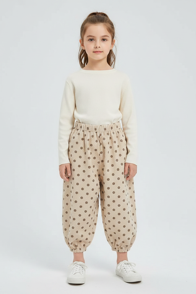 Pantalon Chinois Beige Côtelé Pois Ample Enfant - Cordé