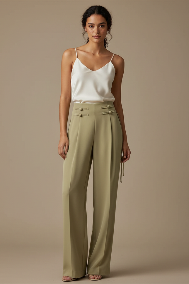 Pantalon Chinois Vert Kaki Ample Fluide Élégant - Viscose