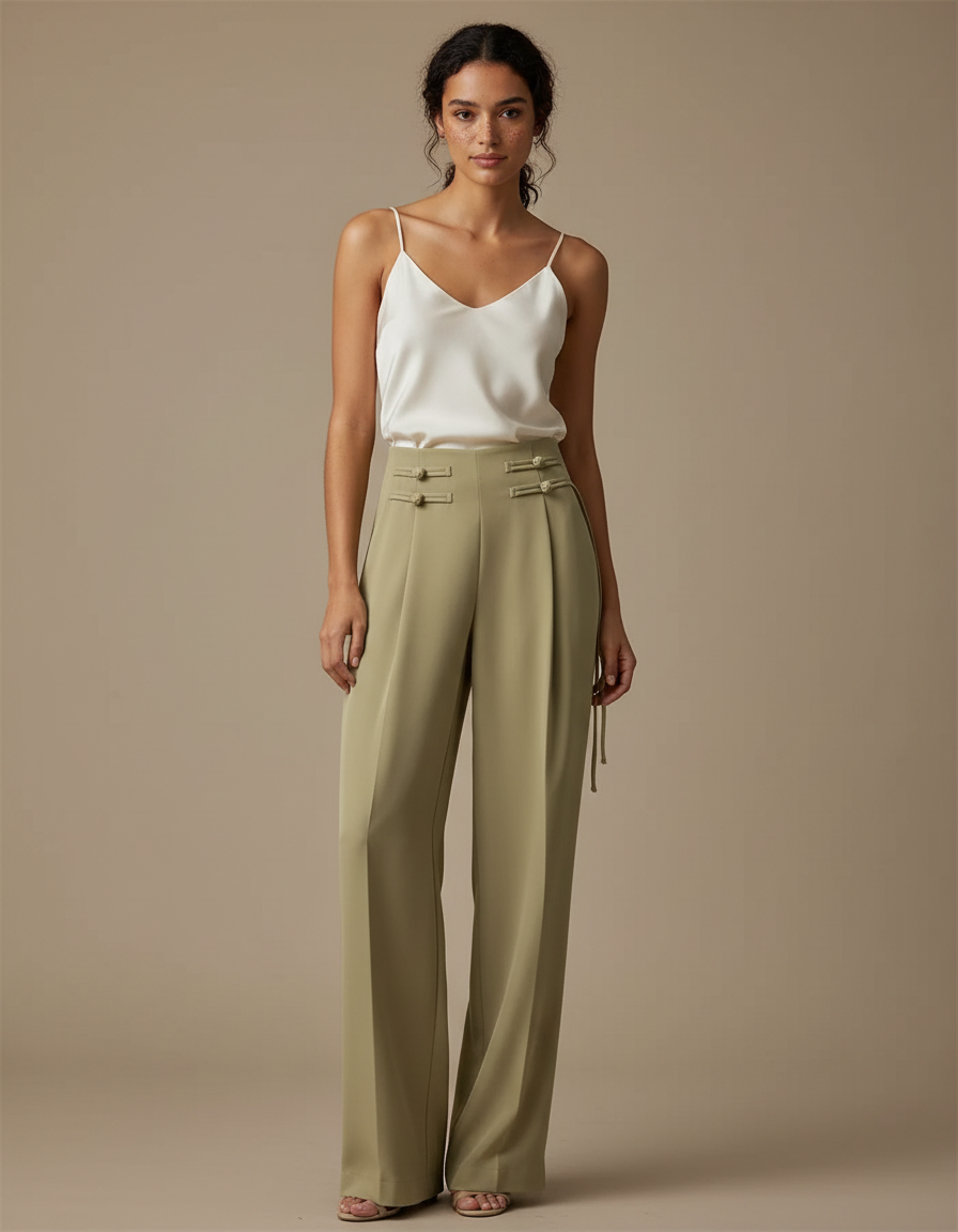 Pantalon Chinois Vert Kaki Ample Fluide Élégant - Viscose