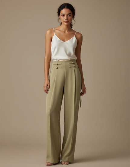 Pantalon Chinois Vert Kaki Ample Fluide Élégant - Viscose