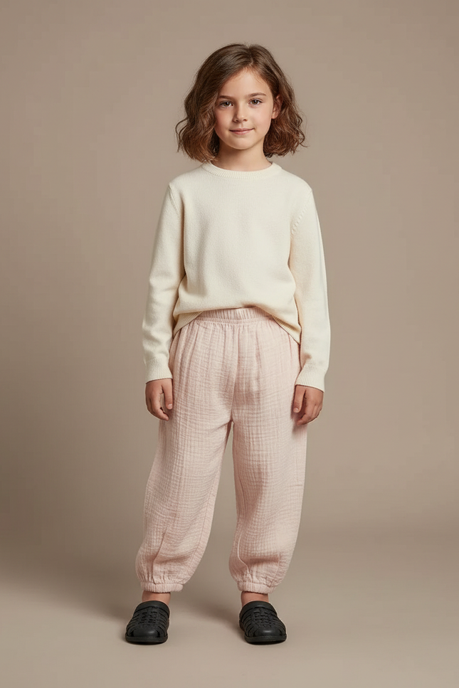 Pantalon Chinois Rose Mousseline Ample Enfant Doux Coton