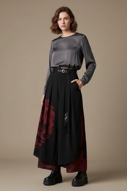 Pantalon Chinois Noir Imprimé Rouge Fluide Ample - Viscose