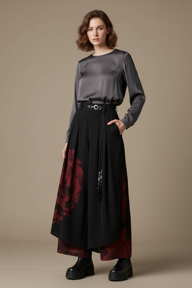 Pantalon Chinois Noir Imprimé Rouge Fluide Ample - Viscose