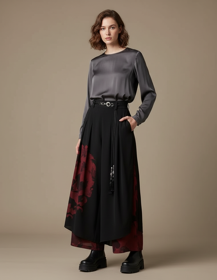 Pantalon Chinois Noir Imprimé Rouge Fluide Ample - Viscose