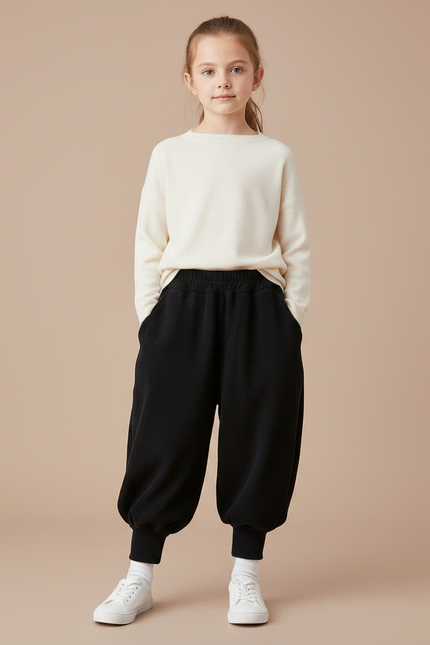 Pantalon Chinois Noir Côtelé Ample Élastique Fille - Cordé