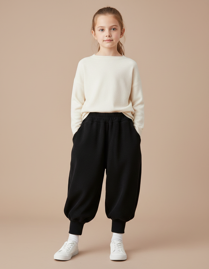 Pantalon Chinois Noir Côtelé Ample Élastique Fille - Cordé