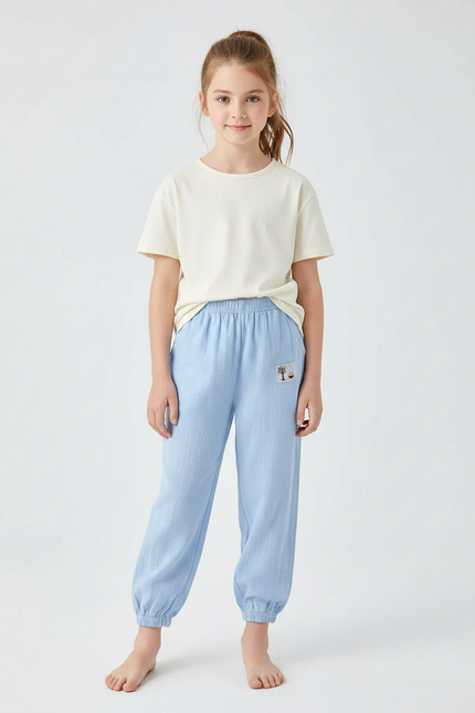 Pantalon Chinois Bleu Ciel Coton Lin Ample Enfant