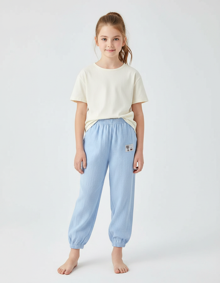 Pantalon Chinois Bleu Ciel Coton Lin Ample Enfant
