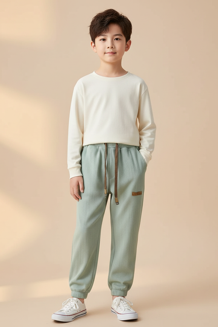 Pantalon Chinois Vert Côtelé Ample Garçon Décontracté - Cordé