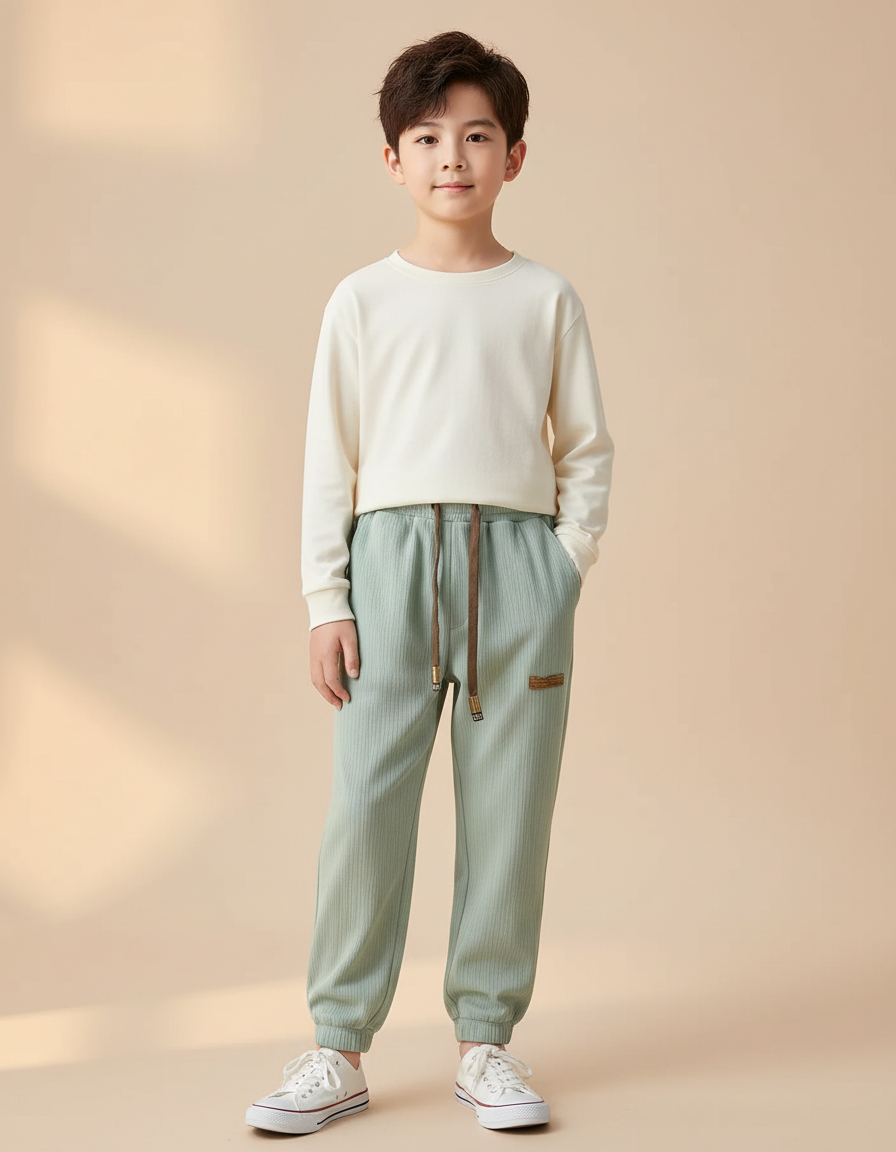 Pantalon Chinois Vert Côtelé Ample Garçon Décontracté - Cordé