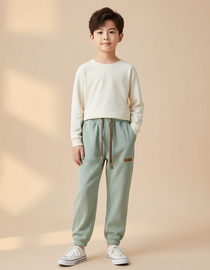 Pantalon Chinois Vert Côtelé Ample Garçon Décontracté - Cordé