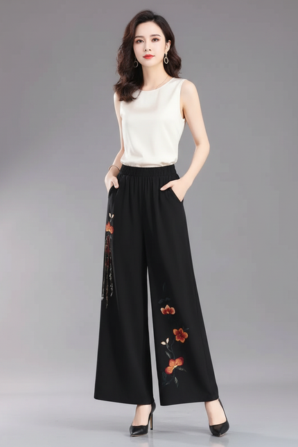 Pantalon Chinois Noir Brodé Ample Fluide Élégant - Polyester
