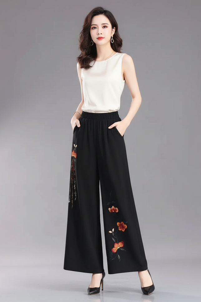 Pantalon Chinois Noir Brodé Ample Fluide Élégant - Polyester