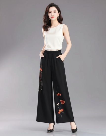 Pantalon Chinois Noir Brodé Ample Fluide Élégant - Polyester