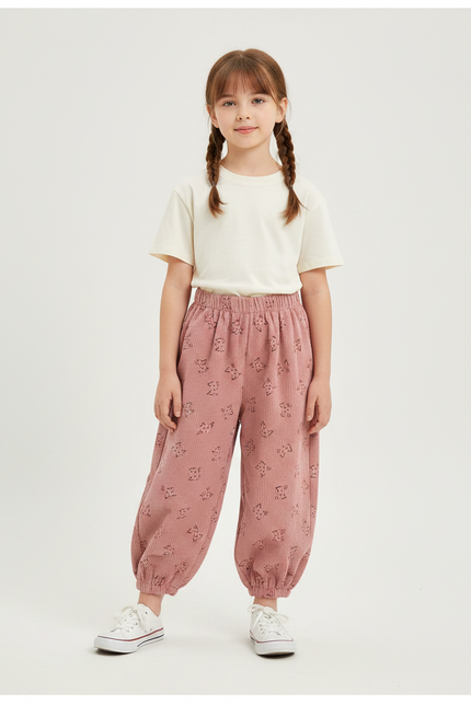 Pantalon Chinois Rose Côtelé Ample Imprimé Enfants - Cordé