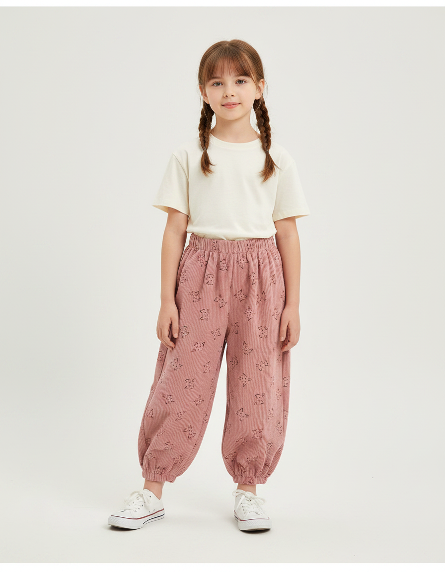 Pantalon Chinois Rose Côtelé Ample Imprimé Enfants - Cordé