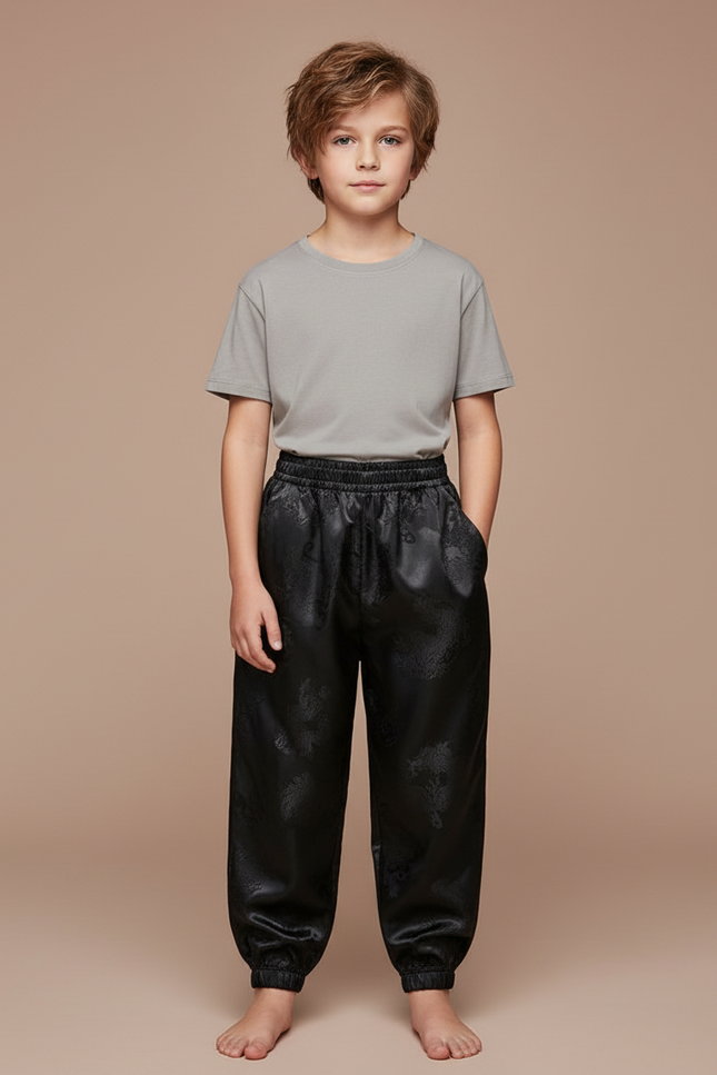 Pantalon Chinois Noir Satiné Ample Élastiqué Dragon Garçon