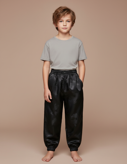 Pantalon Chinois Noir Satiné Ample Élastiqué Dragon Garçon