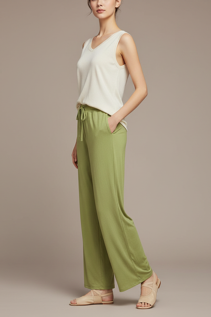 Pantalon Chinois Fluide Vert Clair Ample Femme - Viscose