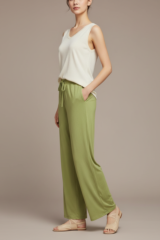 Pantalon Chinois Fluide Vert Clair Ample Femme - Viscose