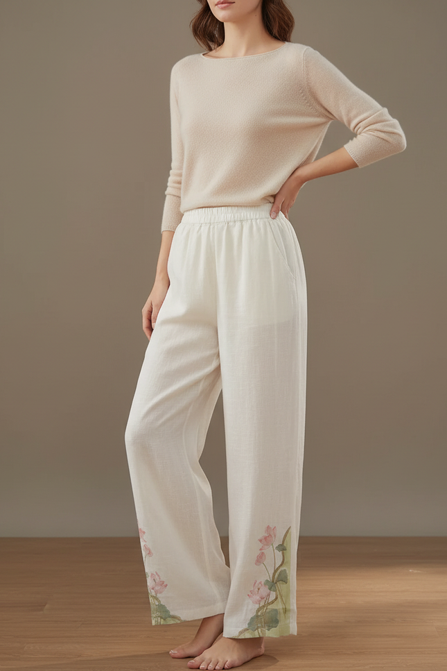 Pantalon Chinois Blanc Ample Lin Brodé Lotus