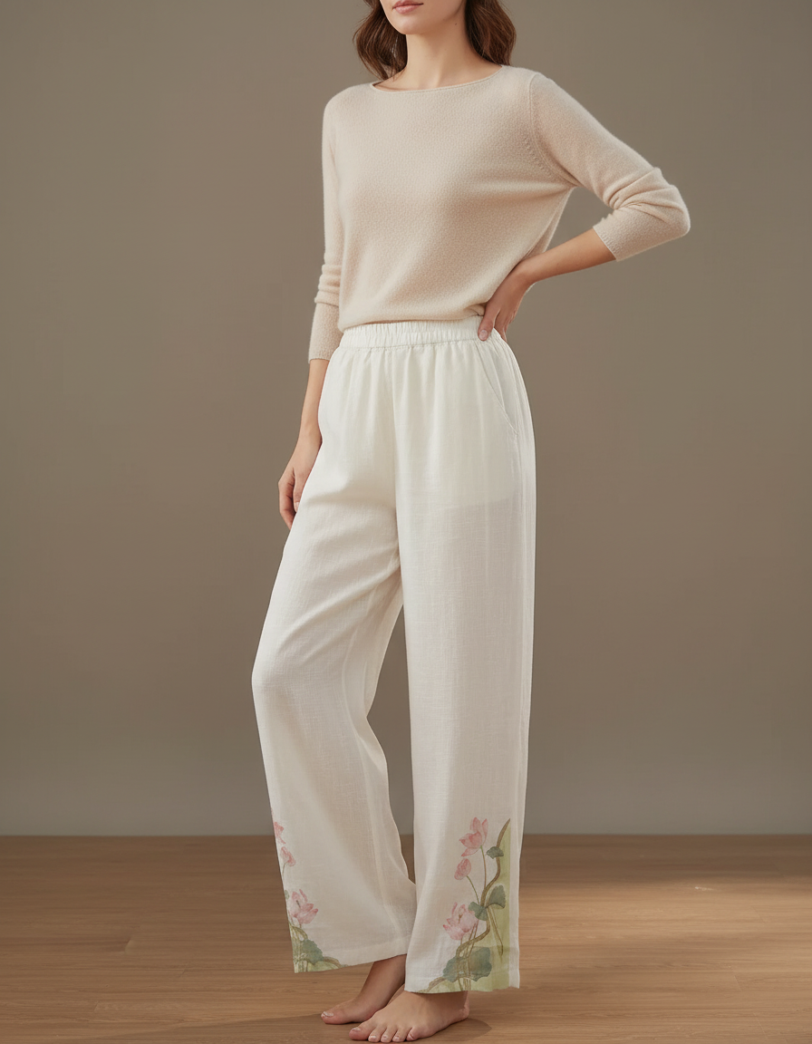 Pantalon Chinois Blanc Ample Lin Brodé Lotus