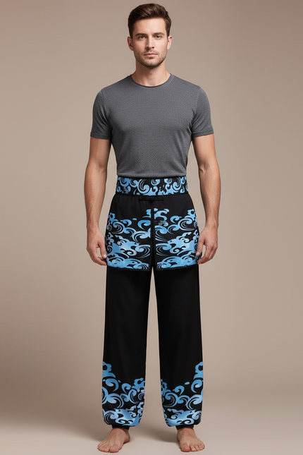 Pantalon Chinois Noir Ample Motifs Vagues Bleues - Polyester
