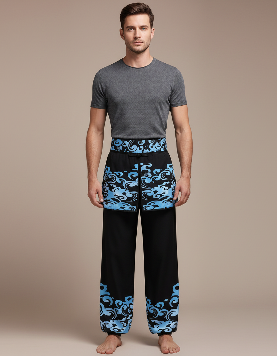 Pantalon Chinois Noir Ample Motifs Vagues Bleues - Polyester