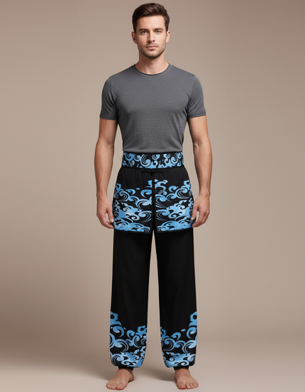 Pantalon Chinois Noir Ample Motifs Vagues Bleues - Polyester