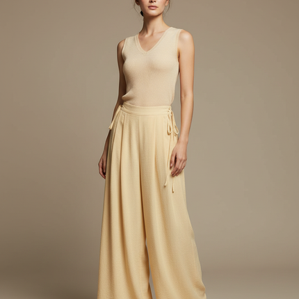 Pantalon Chinois Jaune Crème Ample Fluide Confortable - Lin