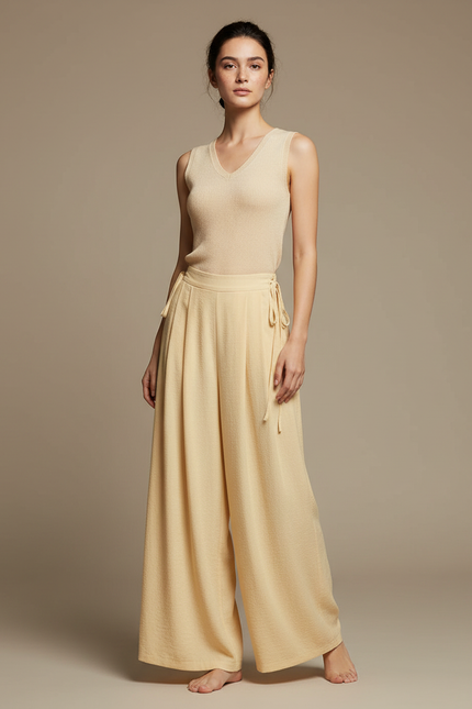 Pantalon Chinois Jaune Crème Ample Fluide Confortable - Lin