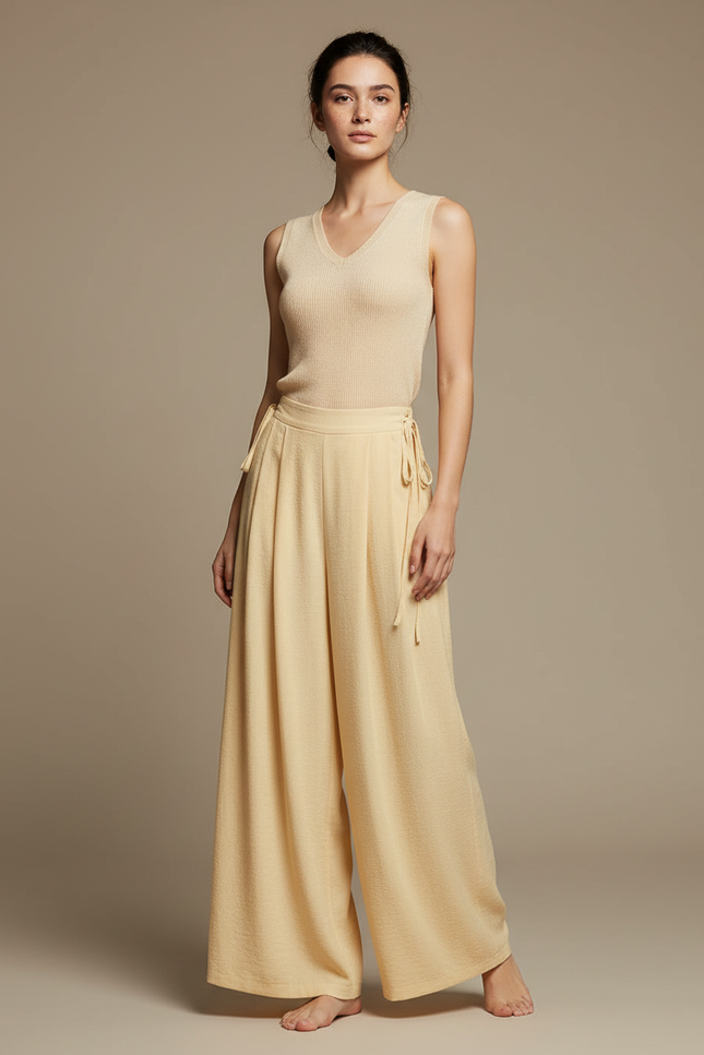 Pantalon Chinois Jaune Crème Ample Fluide Confortable - Lin