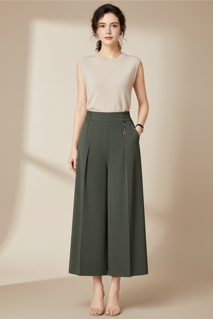 Pantalon Chinois Vert Kaki Ample Fluide Taille Haute - Polyester