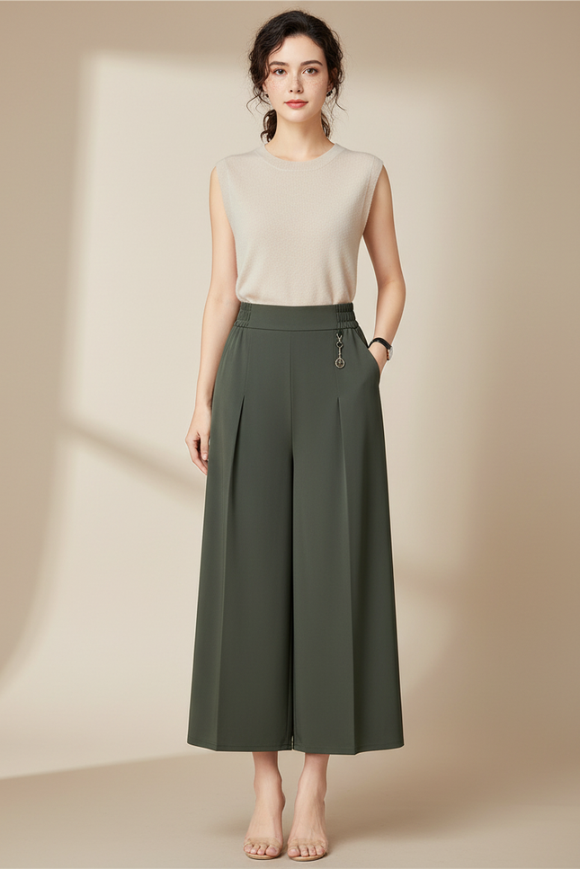 Pantalon Chinois Vert Kaki Ample Fluide Taille Haute - Polyester