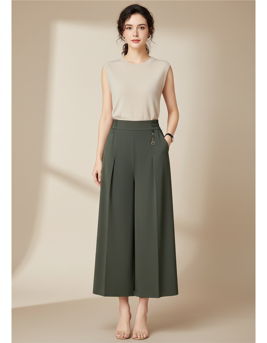 Pantalon Chinois Vert Kaki Ample Fluide Taille Haute - Polyester