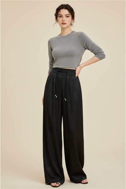 Pantalon Chinois Noir Jacquard Ample Fluide Décontracté - Satin